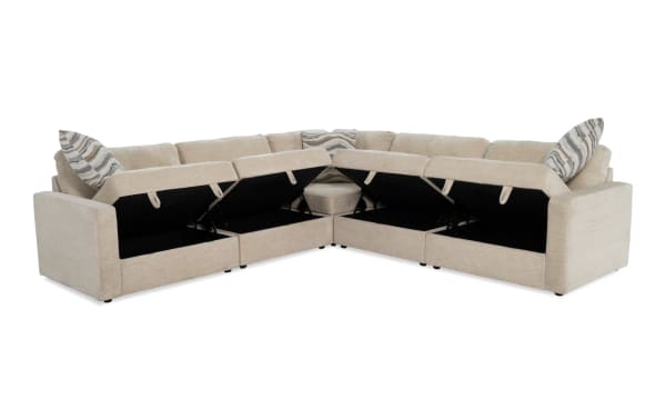 Beige Modular Bob® 117" 5-piece contemporary sectional sofa with polyester fabric upholstery, featuring storage compartments under armless and arm-facing seats.