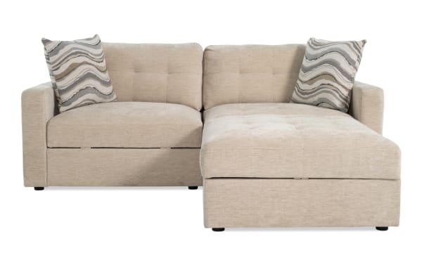 Beige Modular Bob® 86" 3-piece contemporary storage loveseat set with left and right arm facing storage chairs and storage ottoman, upholstered in soft polyester fabric with memory foam cushions.