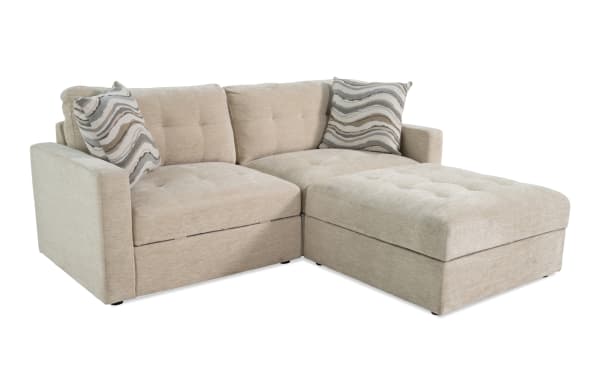 Beige Modular Bob® 86'' 3-piece contemporary storage loveseat set with left and right arm facing polyester fabric chairs and storage ottoman.