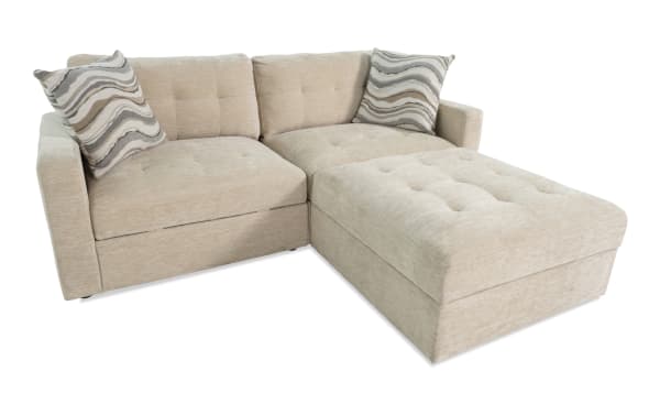 Beige Modular Bob® 86'' 3-piece contemporary storage loveseat set with left and right arm facing polyester fabric chairs and a storage ottoman.