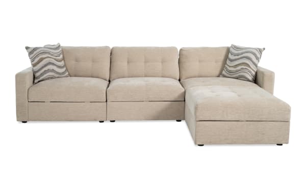 Beige Modular Bob® 123" 4-piece contemporary storage sofa set with polyester fabric upholstery, includes armless, left and right arm facing chairs plus storage ottoman.