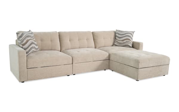Beige Modular Bob® 123" 4-piece contemporary storage sofa set with polyester fabric upholstery, memory foam cushions, and hidden storage ottoman.