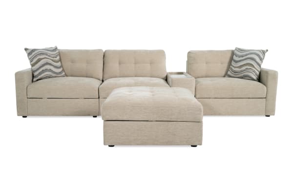 Beige Modular Bob® 135'' 5-piece contemporary storage sofa set in soft polyester fabric with armless chair, console with USB ports, and storage ottoman.