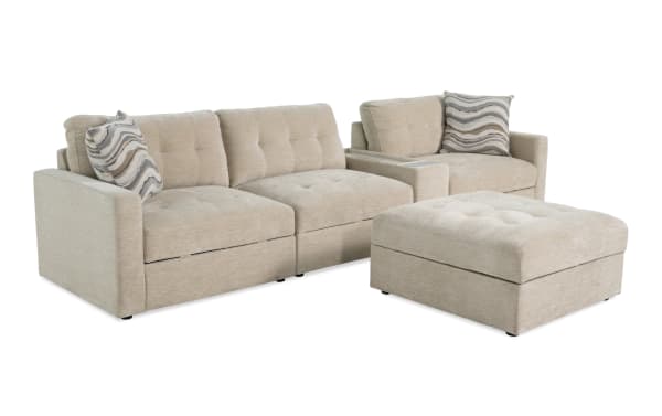 Beige Modular Bob® 135'' 5-piece contemporary storage sofa set with polyester fabric, memory foam cushions, USB ports, and hidden storage ottoman.
