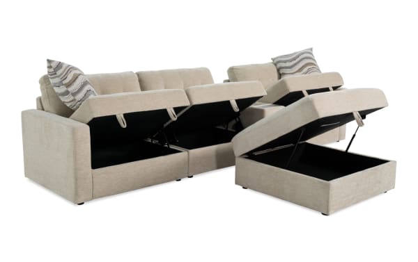 Beige Modular Bob® 135'' 5-piece contemporary storage sofa set with polyester fabric, memory foam cushions, hidden storage in seats and ottoman.