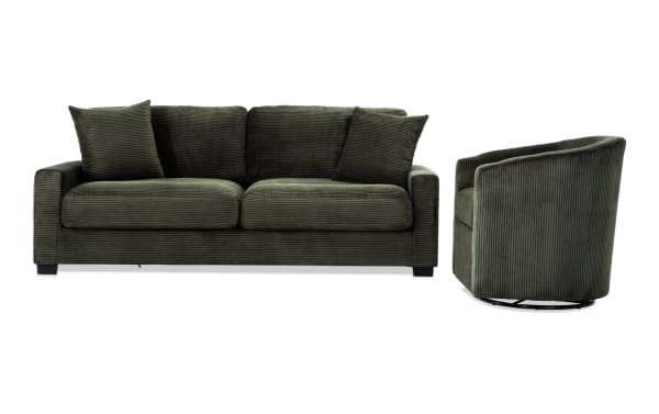 Aspen Forest 86'' Sofa and Swivel Chair in green polyester fabric from the Aspen collection, featuring plush Bob-O-Pedic® Memory Foam cushioning, transitional style, and included accent pillows for cozy, durable living room seating.