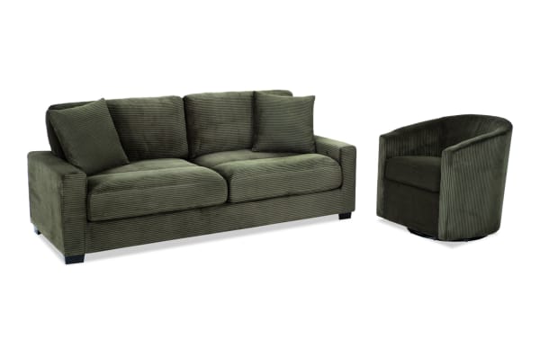 Aspen Forest 86'' transitional sofa and swivel chair set in green polyester fabric with plush cushions, Bob-O-Pedic memory foam, and accent pillows.