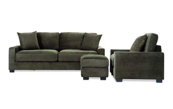 Aspen Forest 86'' green sofa, chair, and storage ottoman set in plush polyester fabric with Bob-O-Pedic® memory foam cushions, transitional style.