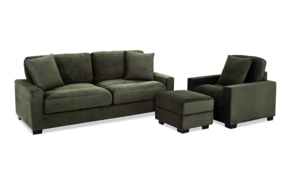 Aspen Forest 86'' green transitional sofa set with chair and storage ottoman, plush polyester fabric, memory foam cushions, and accent pillows for cozy living rooms.