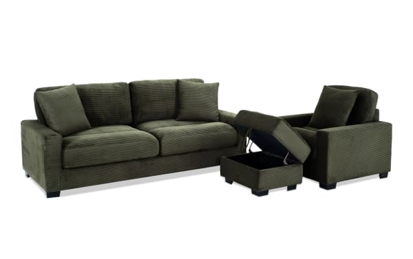 Aspen Forest 86'' green fabric sofa set with chair and storage ottoman, transitional style, plush polyester upholstery, memory foam cushions, and accent pillows.