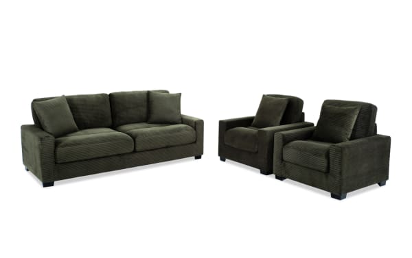 Aspen Forest 86'' Sofa and 2 Chairs set in green polyester fabric, transitional style with plush cushions, accent pillows, and durable plywood frame for cozy living room seating.