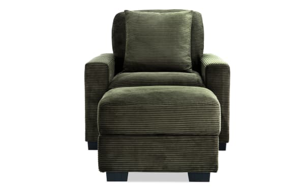 Transitional Aspen Forest Chair and Storage Ottoman in green polyester fabric with plush corduroy texture, memory foam cushioning, and sturdy plywood frame.