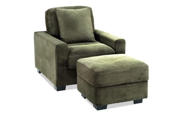 Aspen Forest Chair & Storage Ottoman in green polyester fabric with plush Bob-O-Pedic memory foam, transitional style, and durable plywood frame for cozy living room seating.