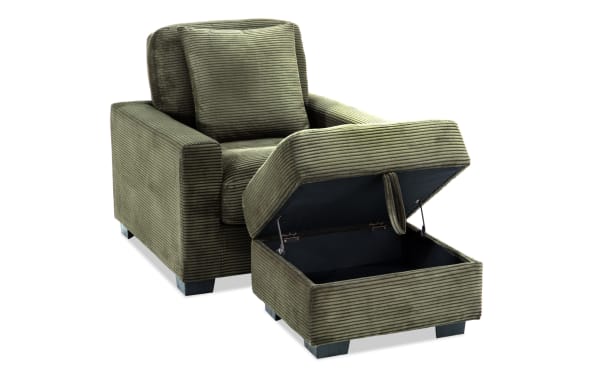 Transitional Aspen Forest Chair & Storage Ottoman in green polyester fabric with plush cushions, memory foam, and hidden storage ottoman.