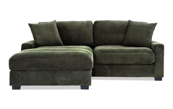 Transitional Aspen Forest 86" left arm facing chofa in green polyester fabric with plush corduroy texture, cushioned memory foam, and included accent pillows.