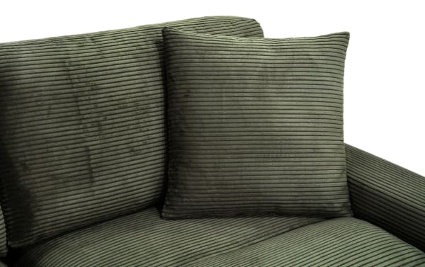 Aspen Forest 86'' Left Arm Facing Chofa in green polyester fabric, transitional style with plush ribbed upholstery and cushy accent pillow.