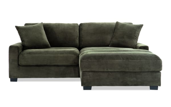 Aspen Forest 86'' right arm facing chofa in green polyester fabric, transitional style with plush cushions and accent pillows from the Aspen collection.