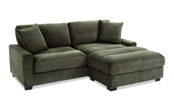 Aspen Forest 86'' right arm facing chofa in green polyester fabric with plush Bob-O-Pedic Memory Foam cushions, transitional style, and included accent pillows.