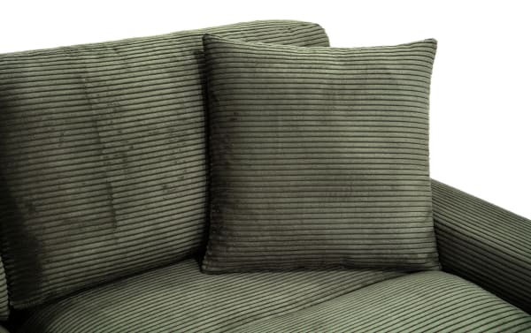 Aspen Forest 86'' Right Arm Facing Chofa in green polyester fabric with plush corduroy texture, transitional style, and cushy memory foam seating.