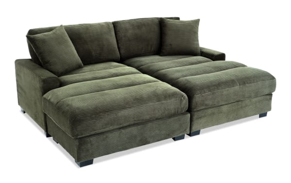 Aspen Forest 86'' Dual Chaise in green polyester fabric, transitional style with plush cushions, memory foam, and accent pillows for cozy lounging.