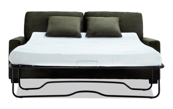 Aspen Forest 78'' green transitional sleeper sofa with plush polyester fabric, two matching accent pillows, and queen gel memory foam mattress.