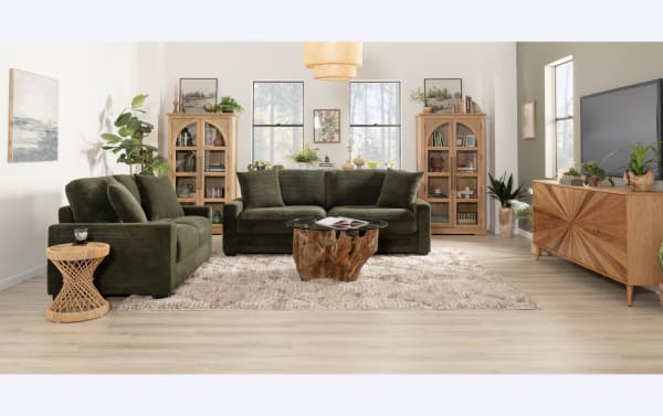 Transitional Aspen Forest 78'' green sleeper sofa in plush polyester fabric with accent pillows, featuring a Bob-O-Pedic gel memory foam queen mattress.
