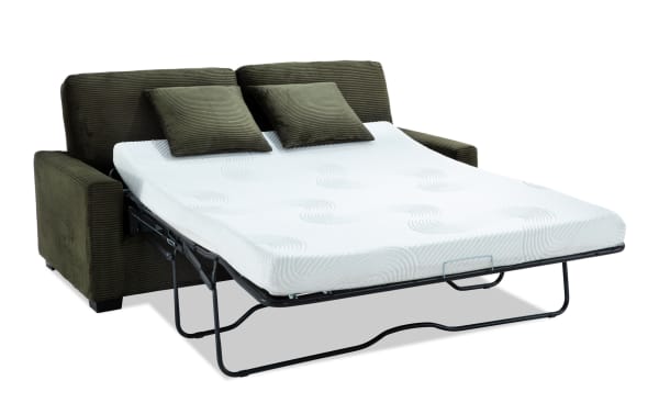 Aspen Forest 78'' green polyester fabric sleeper sofa with queen gel memory foam mattress, transitional style, includes accent pillows for comfort.