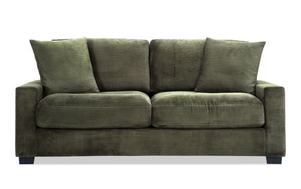 Aspen Forest 78'' green transitional sleeper sofa with plush polyester fabric, cushioned gel memory foam mattress, and accent pillows for comfort.
