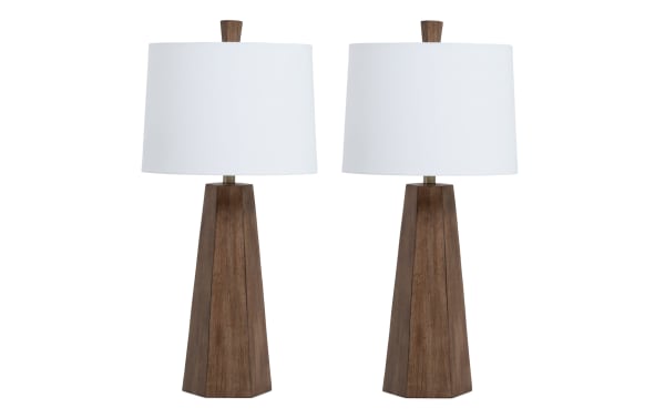 Set of 2 Chicago Brown Table Lamps with ivory drum shades, geometric resin bases in brown metal finish, transitional style for home decor.