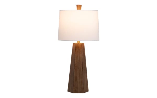Transitional Chicago Brown table lamp with geometric resin base in brown and ivory fabric shade, ideal for stylish home lighting.