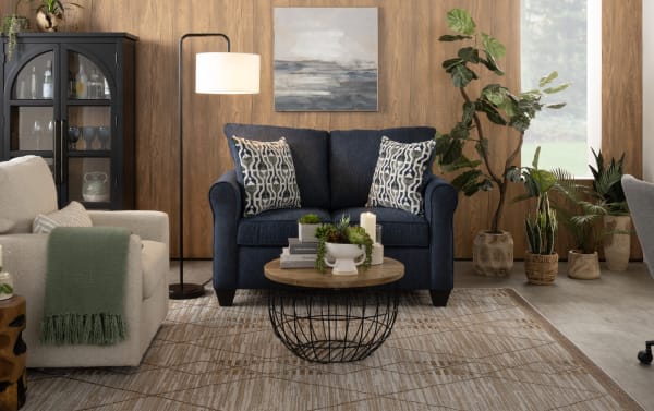 Slumber Navy 80'' Sleeper Sofa with Queen Cooling Mattress in transitional style, navy polyester fabric, includes accent pillows and memory foam mattress.