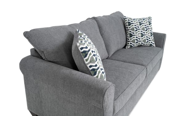 Slumber Gray 80'' Sleeper Sofa with Queen Gel Mattress, transitional style, gray polyester fabric upholstery, includes patterned accent pillows, plush cushions.