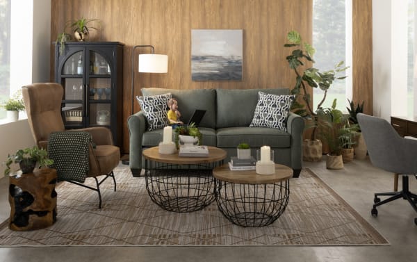 Transitional Slumber Green 72'' Sleeper Sofa in green polyester fabric with accent pillows, plush cushions, and a pull-out full gel memory foam mattress.
