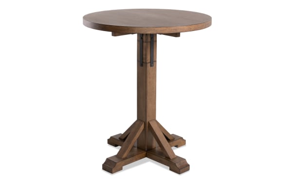 Iris Brown Adjustable Height Round Dining Table from Iris Dining collection, featuring a transitional style with a brown MDF, poplar, and oak veneer pedestal base and round top.