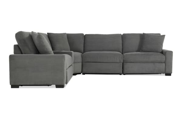 Charcoal gray Aspen Charcoal 141'' power reclining 5-piece sectional sofa with plush polyester fabric, transitional style, USB/USB-C ports, and memory foam cushions.