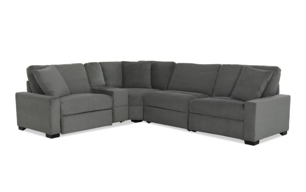 Aspen Charcoal 141'' Power Reclining 5 Piece Sectional in gray polyester fabric with plush cushions, USB/USB-C ports, and transitional style.