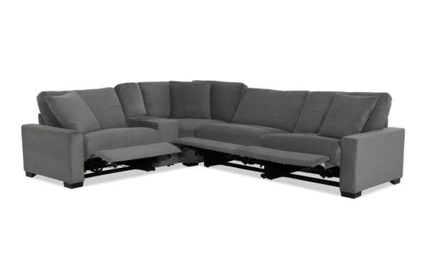 Aspen Charcoal 141'' Power Reclining 5 Piece Sectional in gray polyester fabric with USB/USB-C ports, transitional style, plush memory foam cushions, and accent pillows.