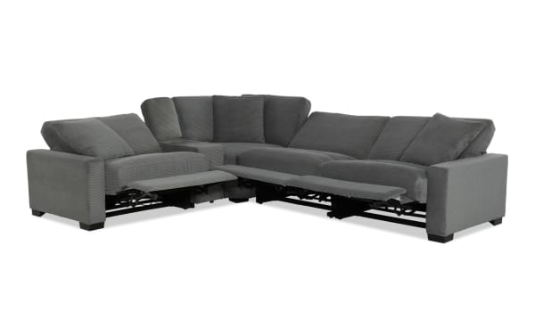Aspen Charcoal 141'' Power Reclining 5 Piece Sectional in gray polyester fabric with transitional style, USB/USB-C ports, and plush memory foam cushions.