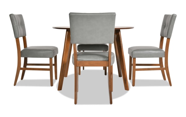 Bettie 5 Piece Walnut & Charcoal Faux Leather Upholstered Round Dining Set with mid-century modern flared legs, gray faux leather seats, and walnut MDF frame.