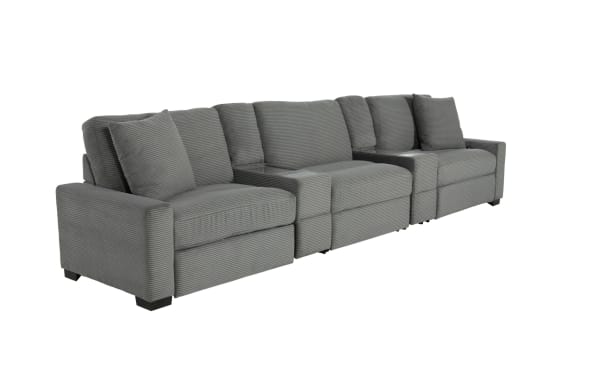 Gray fabric sectional sofa with three seating sections, plush cushions, and a modern design suitable for living room seating.