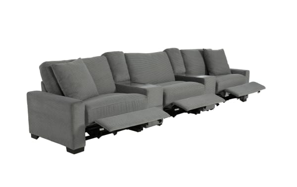 Gray fabric sectional sofa with three reclining seats, cushioned backrests, and armrests, designed for living room comfort and relaxation.