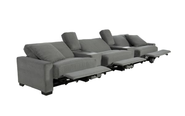 Charcoal gray Aspen Charcoal 155'' power reclining sofa with plush polyester fabric, transitional style, USB and USB-C ports, and cushioned memory foam seating.