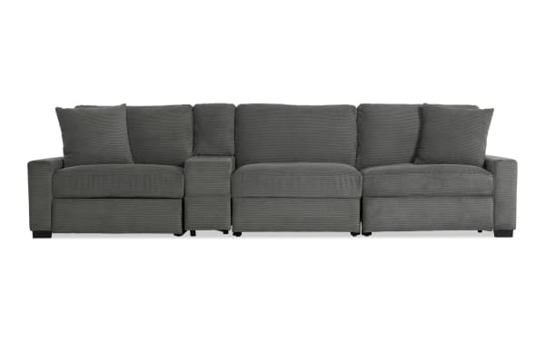 Aspen Charcoal 141'' power reclining sofa in gray polyester fabric with USB and USB-C ports, plush cushions, and transitional style from Aspen Power collection.