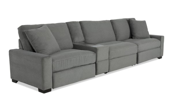 Charcoal gray Aspen Charcoal 141'' power reclining sofa with plush polyester fabric, transitional style, USB and USB-C ports, and accent pillows.