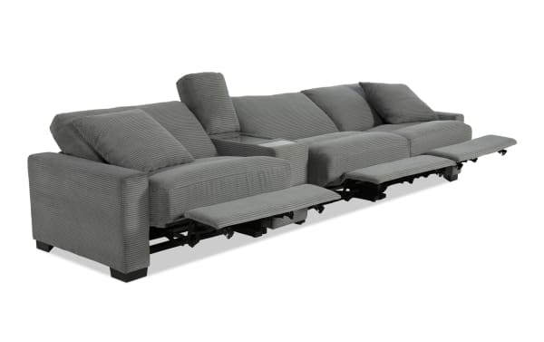 Aspen Charcoal 141'' Power Reclining Sofa with plush polyester fabric, transitional style, USB & USB-C ports, and memory foam cushions.