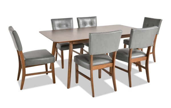 Bettie 7 Piece Walnut & Charcoal Faux Leather Upholstered Dining Set with mid-century modern design, flared legs, and memory foam seats.