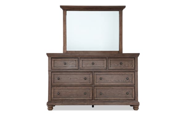 Portland Brown 7 Drawer Dresser & Mirror in traditional style with MDF and oak veneers, featuring cedar-lined bottom drawers, felt-lined top drawers, and a lift-top jewelry tray.