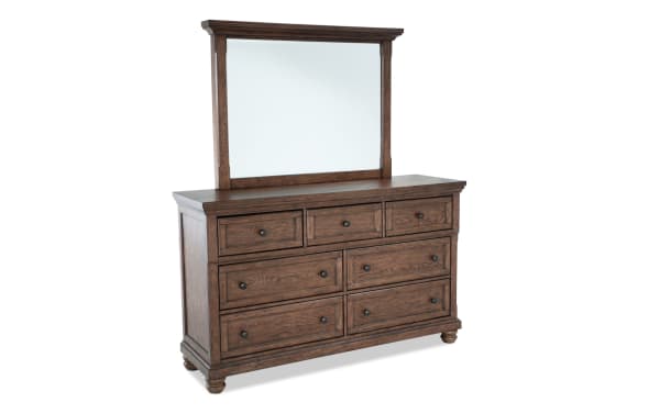 Portland Brown 7 Drawer Dresser & Mirror in traditional style with MDF and oak veneers, featuring cedar-lined bottom drawers, felt-lined top drawers, and lift-top jewelry tray.