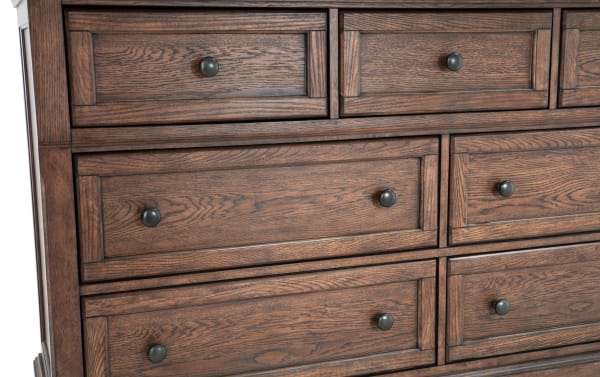 Traditional Portland Brown 7-drawer dresser in oak veneer with dark metal knobs, featuring cedar-lined and felt-lined drawers for secure storage.