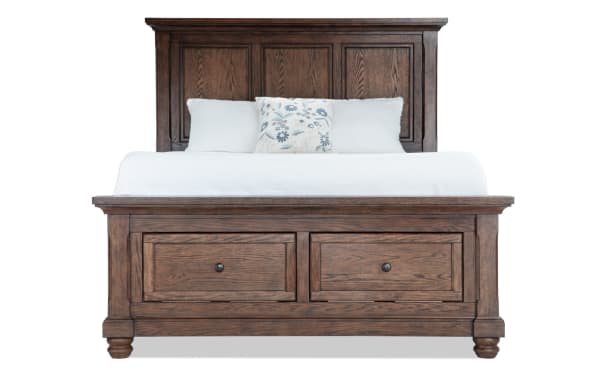 Traditional Portland Queen Brown Storage Platform Bed with dark oak veneer, MDF frame, panel headboard, and two underbed storage drawers.